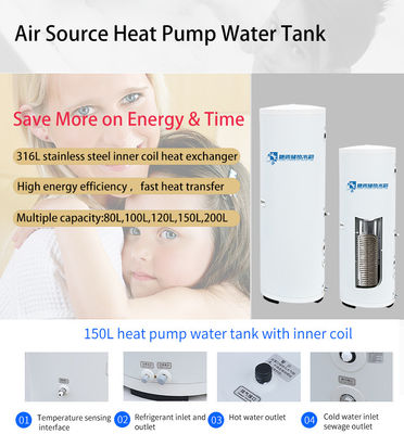 120L 100L 150L bobina interna Serbatoio della pompa di calore di sorgente d'aria Dia 500mm Serbatoio dell'acqua calda di sorgente d'aria